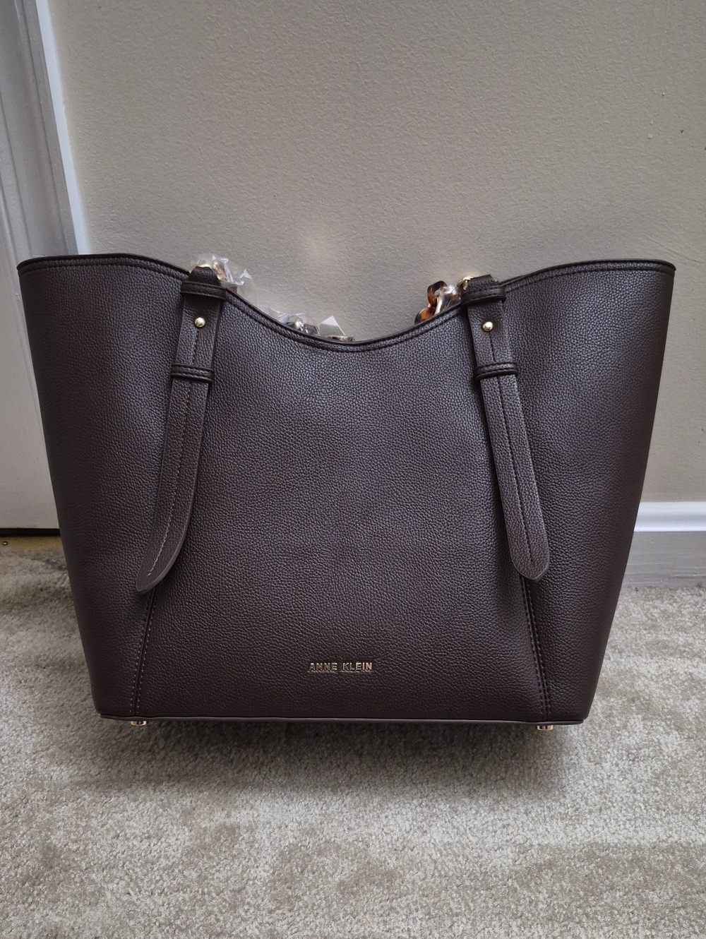 Anne Klein Brown Pebbled Tote with Gold Hardware, Tortoise Straps ( NWT)